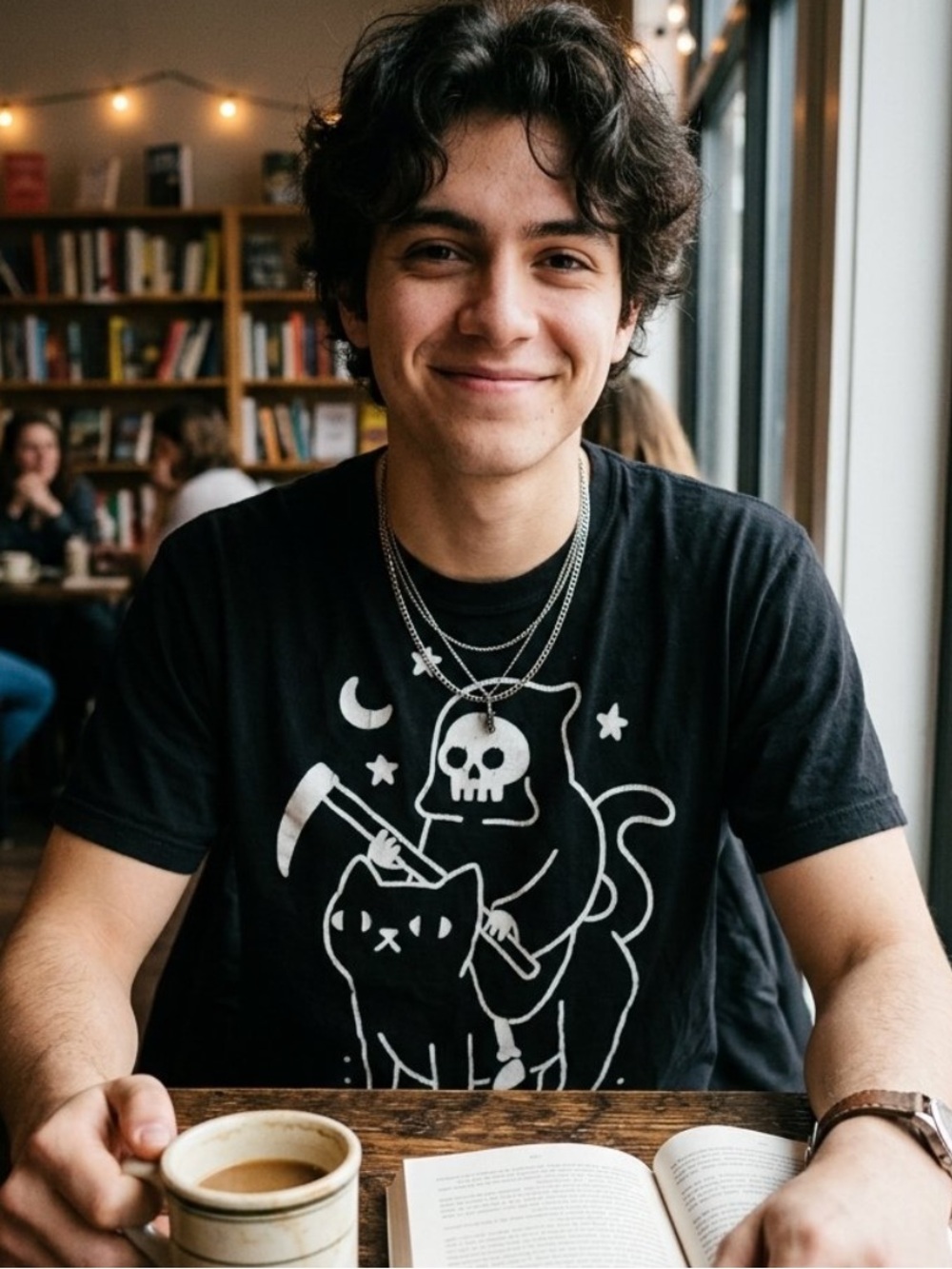 Threadless Black Short-Sleeve Tee with White Skull-Cat Graphic